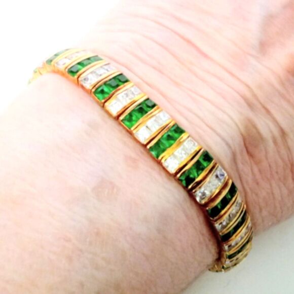 Sterling Vermeil Green and Clear Channel Set Crystal Tennis Bracelet - Picture 5 of 7